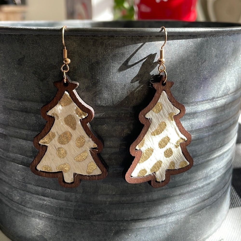 GOLD AND White Leopard Print Wood Christmas Tree Earrings